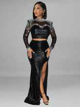 2pcs Women's Sequins & Mesh Patchwork Elegant Long Sleeve Top & Skirt Party Outfit Sets (With Shoulder Pad)